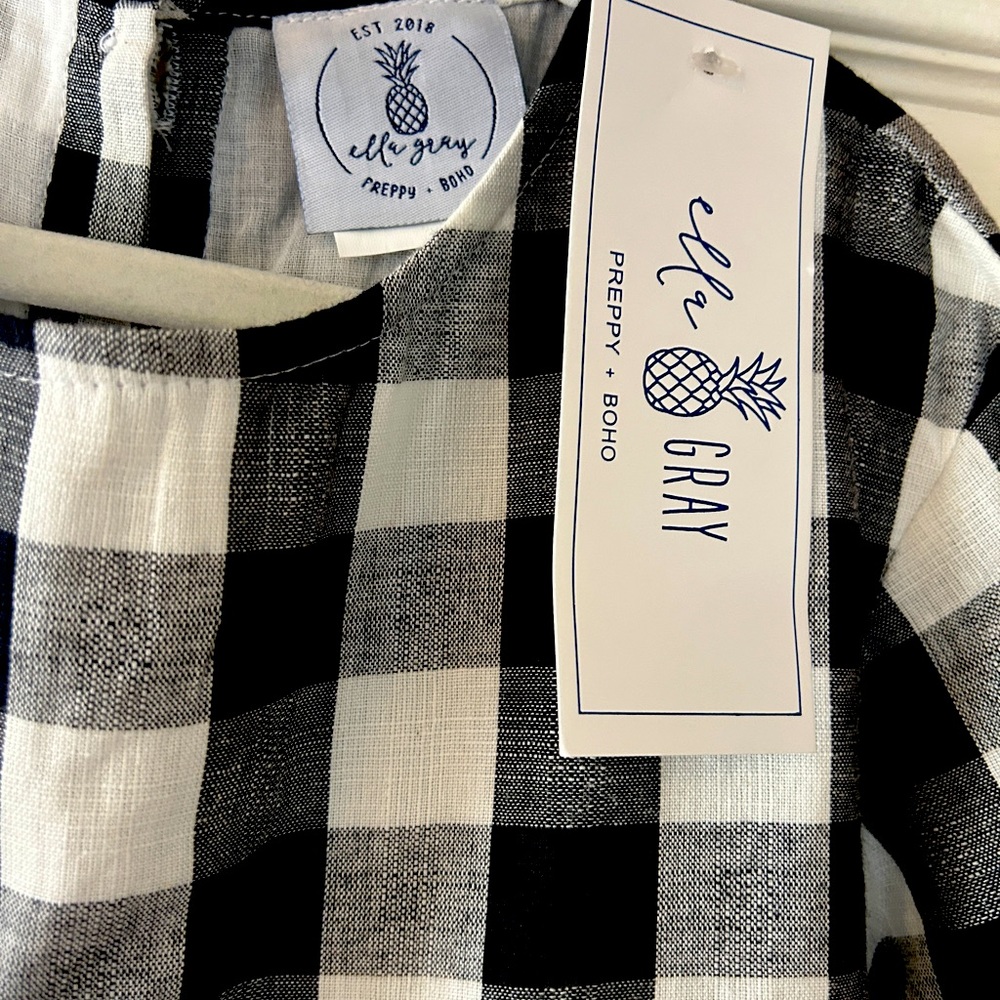 ELLA GRAY Black White Gingham Check Preppy Boho Peplum Sleeve Cotton Dress